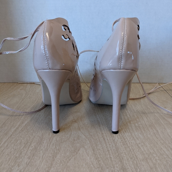 Nude Patent Laser Cut Lace Up Ankle Wrap Heels 8 - Picture 8 of 13